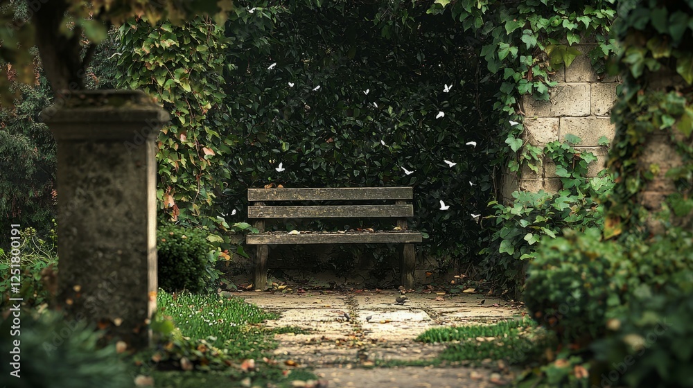 Tranquil Garden Path with Bench Surrounded by Lush Greenery Tranquil Garden Path with Bench Surrounded by Lush Greenery
