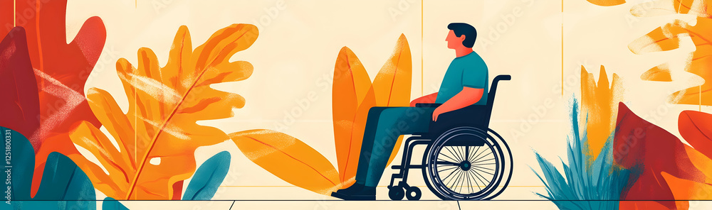 Naklejka premium Inclusive design featuring a man in a wheelchair, accessibility and awareness theme AI Generated