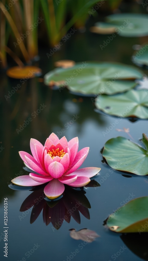 Water lilies and reeds float in calm autumn water, water lilies, calm, pond Water lilies and reeds float in calm autumn water, water lilies, calm, pond