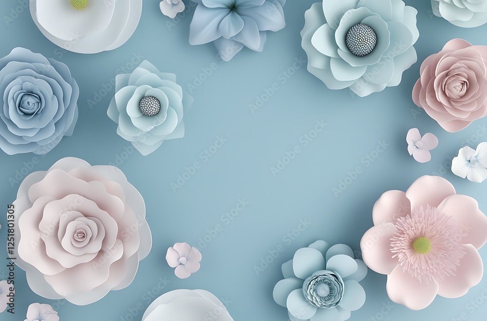 Naklejka premium Pastel Flowers Elegantly Arranged on Soft Blue Background