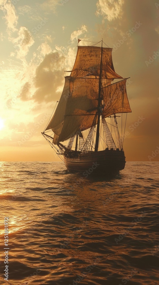 Fototapeta premium Majestic Vintage Sailing Ship Gliding Across Golden Sunrise Waters
