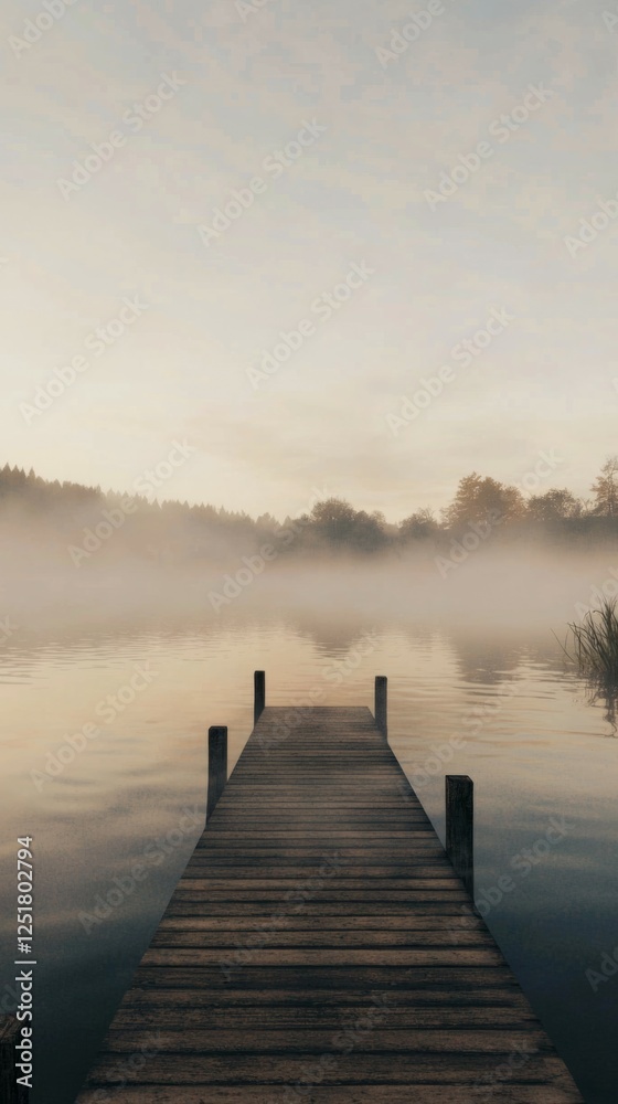 Fototapeta premium Serene Wooden Dock Beneath Misty Morning Sky Over Calm Water