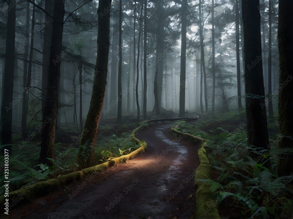 Obraz premium Misty Forest Path Magical Woodland Trail Foggy Woods Walk