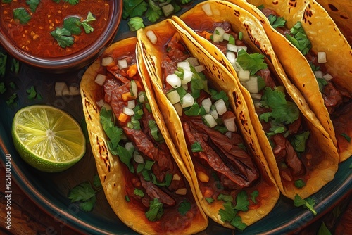 Delicious Birria tacos with tender beef, vibrant garnishes, and rich consomme for dipping