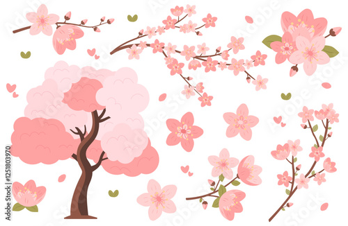 Decorative cherry blossom tree and flower elements set. Vector sakura collection
