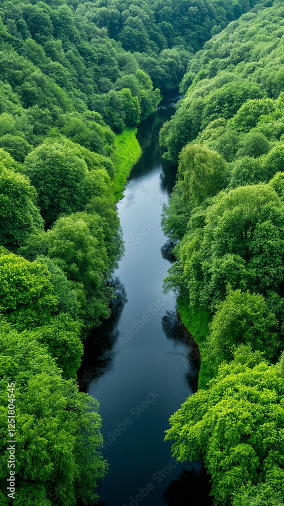 Lush green forest with winding river flowing through Lush green forest with winding river flowing through
