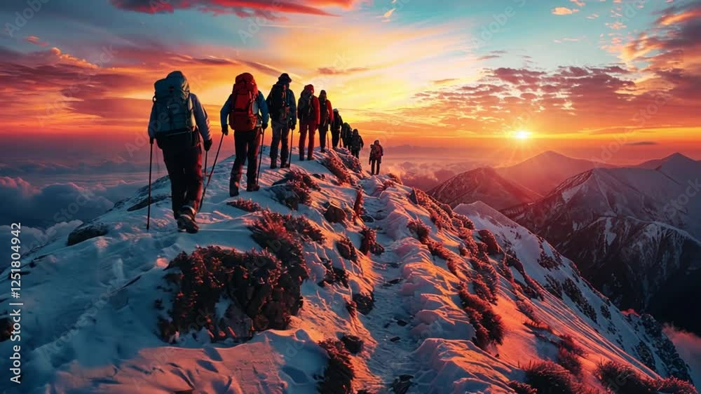 A group of hikers trekking up a snowy mountain at sunrise, symbolizing adventure, endurance, teamwork, and exploration in extreme conditions.