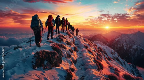 A group of hikers trekking up a snowy mountain at sunrise, symbolizing adventure, endurance, teamwork, and exploration in extreme conditions.