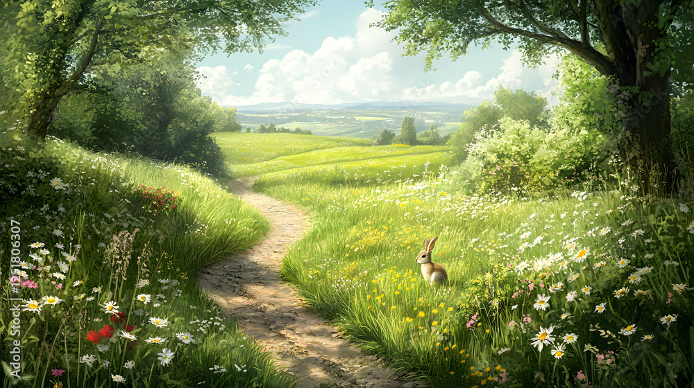 Obraz premium Serene Pathway through Lush Meadow with Rabbit and Blooming Flowers
