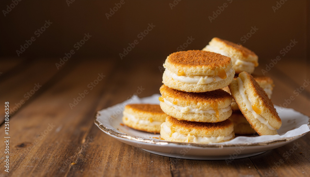 Homemade Alfajores stacked on rustic wooden table, sweet indulgence Homemade Alfajores stacked on rustic wooden table, sweet indulgence
