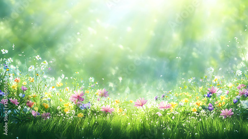 Lush Green Meadow with Colorful Wildflowers Under Soft Sunlight