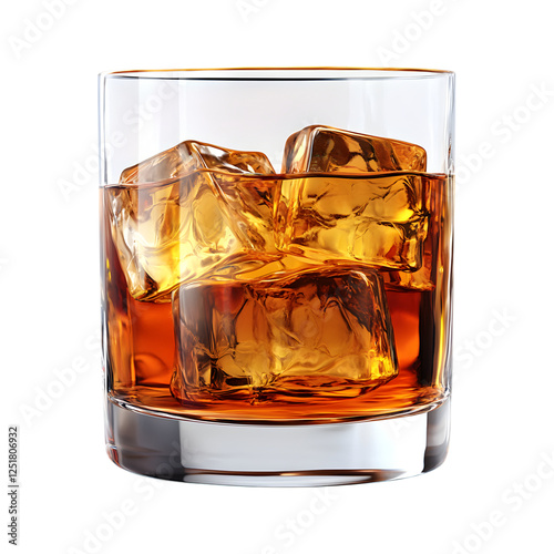 Whiskey Caramel Glass of Whiskey with Ice Cubes Isolated on Transparent Background