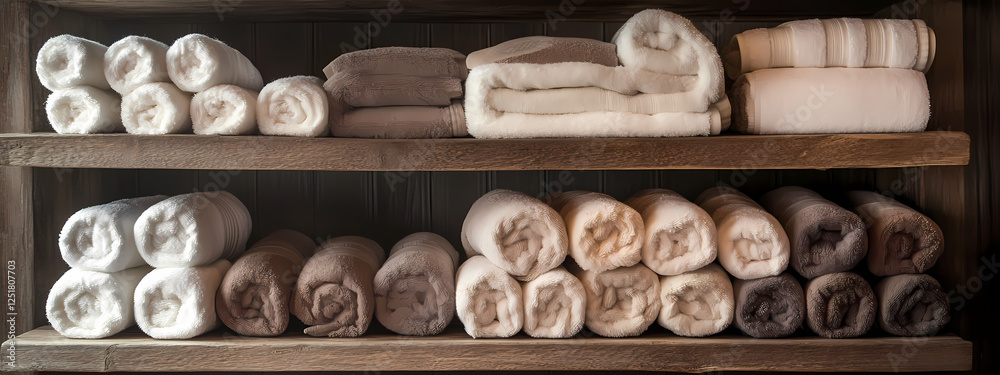 Organized Towel Display in Rustic Wooden Shelving Organized Towel Display in Rustic Wooden Shelving