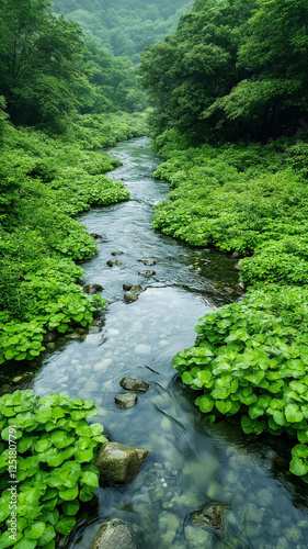 Lush green river flowing through dense foliage and rocks