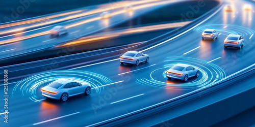 Several autonomous vehicles are dynamically maneuvering on a highway, showcasing advanced technology with illuminated pathways indicating their movement and communication