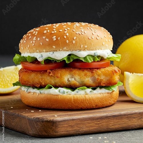 A deluxe fish burger with crispy battered cod, tartar sauce, lettuce, and a soft sesame bun, served on a cutting board with lemon wedges. photo