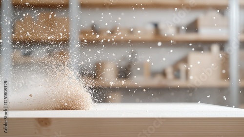 Close-up of sawdust flying as wood is cut in a workshop, showcasing carpentry precision and craftsmanship.