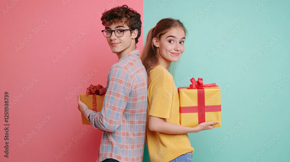 a cheerful young couple standing back to back holding wrapped gifts against a split pastel pink and mint green background
a cheerful young couple standing back to back holding wrapped gifts against a split pastel pink and mint green background