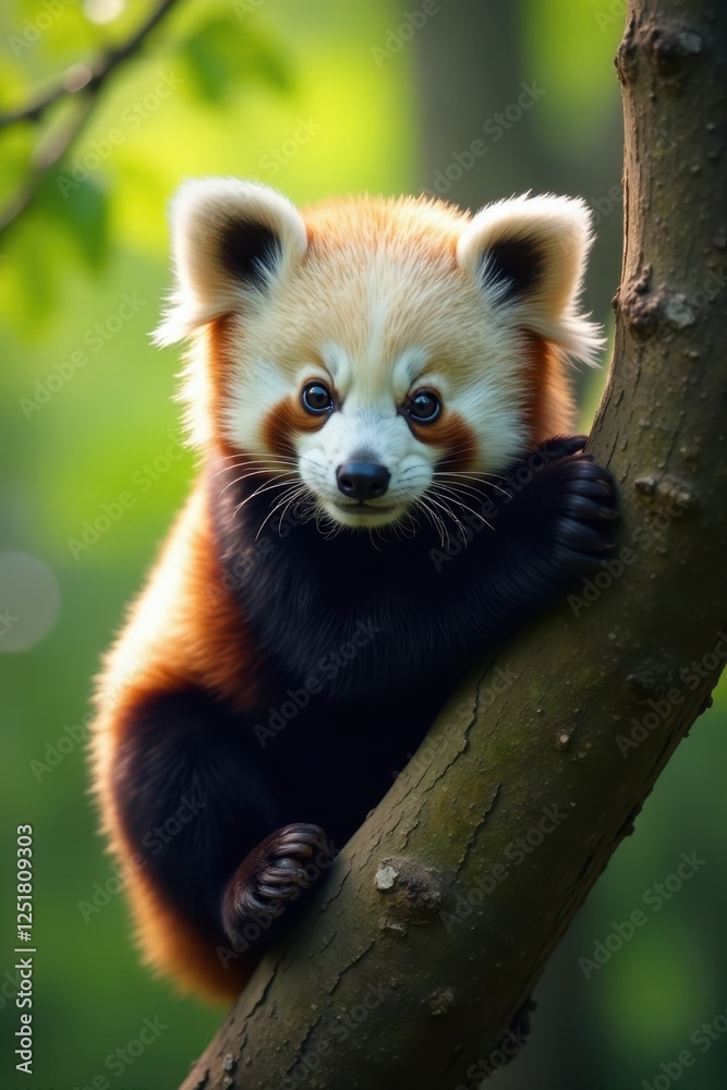 Adorable panda cub perched on tree branch, front view, cute, wild, fluffy fur Adorable panda cub perched on tree branch, front view, cute, wild, fluffy fur