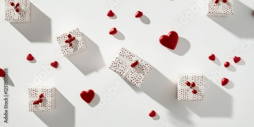 Minimalistic arrangement of red heart decorations and heart-patterned gift boxes on a white background, creating a festive atmosphere photo