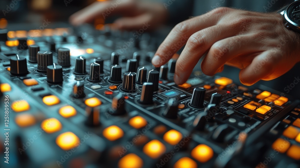 Close-up of hands manipulating a music production device with glowing buttons. Close-up of hands manipulating a music production device with glowing buttons.