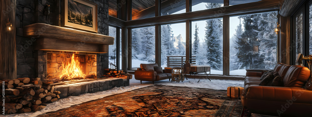Rustic Lodge with Fireplace and Winter Landscape Rustic Lodge with Fireplace and Winter Landscape