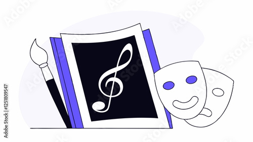 A collection of artistic elements includes a paintbrush, a book with a musical note, and theatrical masks. These items represent the fields of visual arts, music, and theater.AI