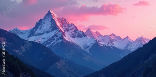 Soft pink alpenglow illuminates mountain landscape, light, mountain landscape, glow