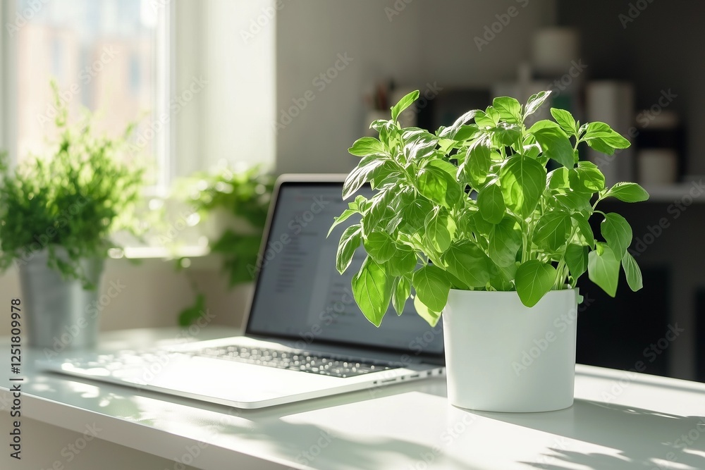 Fototapeta premium Minimalist Home Office with Laptop and Greenery – Eco-Conscious Workspace and Green Technology Concept.
