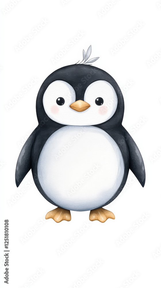 Fototapeta premium This artwork features a baby penguin standing on ice, captured in a minimalist style. The soft gray and white tones create a gentle and serene atmosphere, isolated on a white background