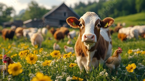 Animals cows chickens rural landscape high resolution hd photo