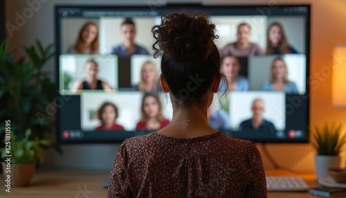 Woman attends virtual meeting from home office with online collaboration. Lady views video conference on screen. Digital communication tech shows team connection. Remote work style with people