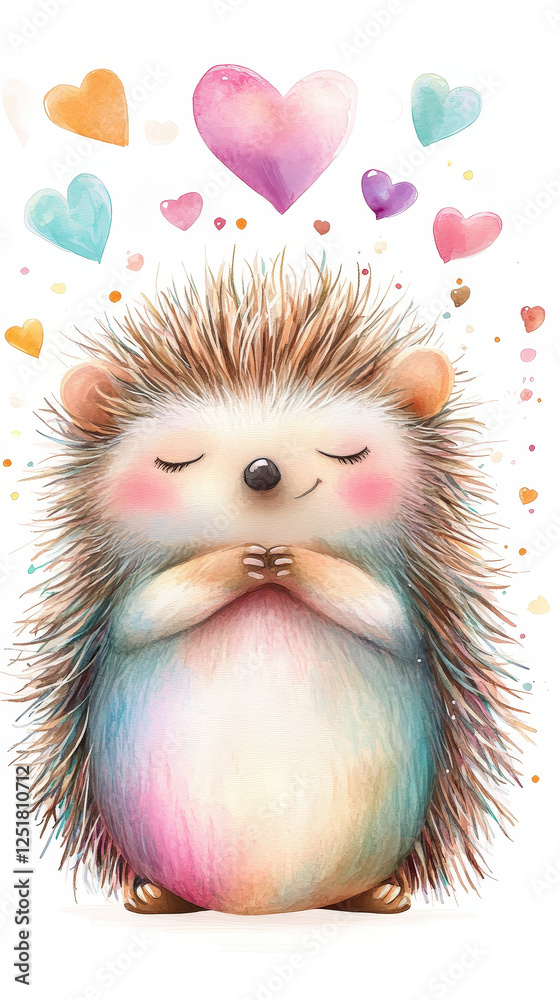 Obraz premium Watercolor illustration features a hedgehog curled up, showcasing soft brown and cream hues. This high-resolution art piece highlights a charming and peaceful animal design