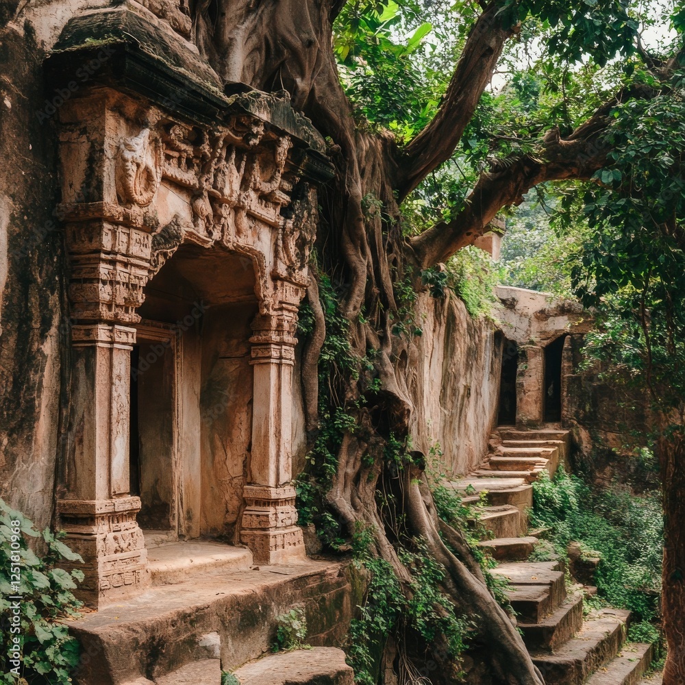 Ancient ruins surrounded by lush greenery and tree roots create serene atmosphere Ancient ruins surrounded by lush greenery and tree roots create serene atmosphere