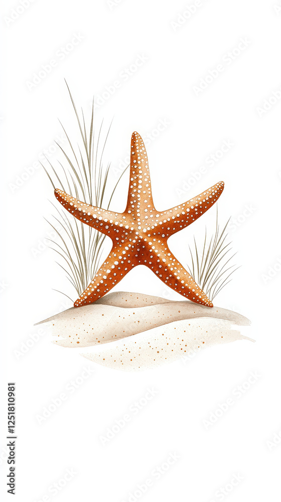 This artwork features a beautifully rendered starfish resting on a sandy beach. The minimalistic design emphasizes soft coral and beige tones, perfect for coastal decor