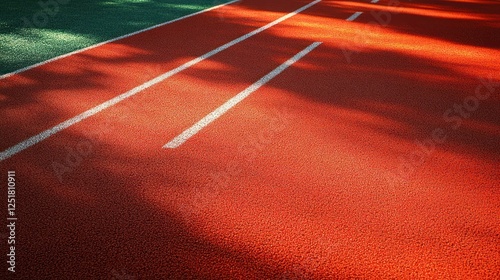 Sunlit running track lanes, outdoor stadium, shadows, sport photo