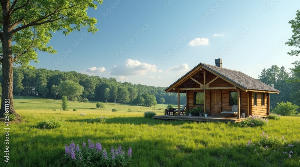 Cozy Wooden Cabin in a Lush Green Meadow Under a Clear Blue Sky Cozy Wooden Cabin in a Lush Green Meadow Under a Clear Blue Sky