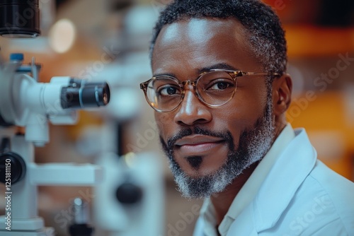 Wallpaper Mural Portrait of a dark skinned doctor looking fearless and daring, shot from the waist up, with a blurred medical equipment background. Concept of medicine, treatment, science Torontodigital.ca