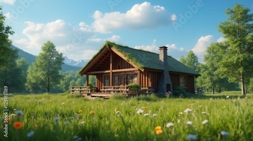 Cozy Wooden Cabin in a Lush Green Meadow Under a Clear Blue Sky 