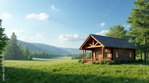 Cozy Wooden Cabin in a Lush Green Meadow Under a Clear Blue Sky 