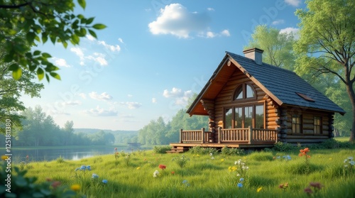 Cozy Wooden Cabin in a Lush Green Meadow Under a Clear Blue Sky 