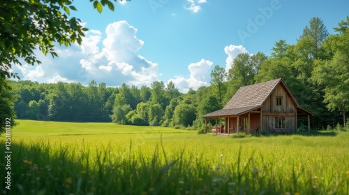 Cozy Wooden Cabin in a Lush Green Meadow Under a Clear Blue Sky 