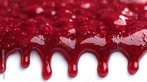 A glossy, red substance resembling fruit jam or syrup drips elegantly.