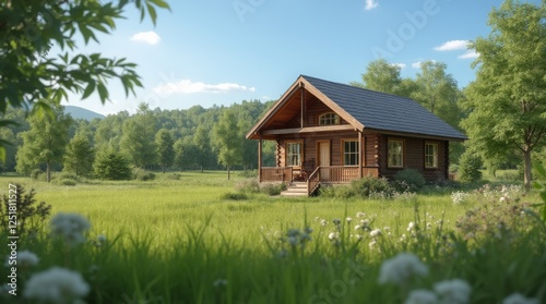 Cozy Wooden Cabin in a Lush Green Meadow Under a Clear Blue Sky 