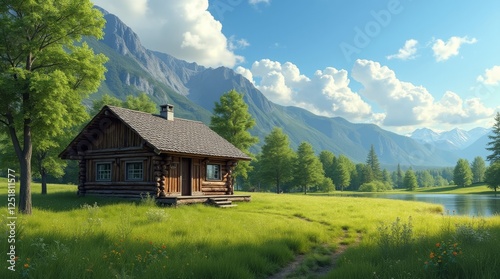 Cozy Wooden Cabin in a Lush Green Meadow Under a Clear Blue Sky 
