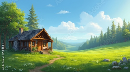Cozy Wooden Cabin in a Lush Green Meadow Under a Clear Blue Sky 