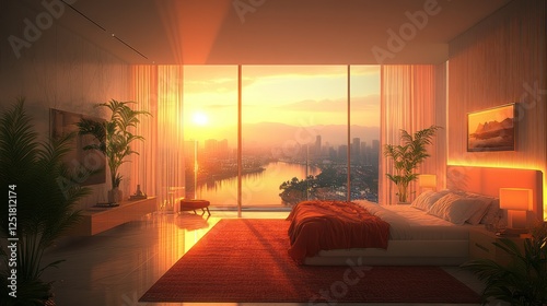 Sunrise bedroom, city view, luxury apartment, interior design, real estate photo