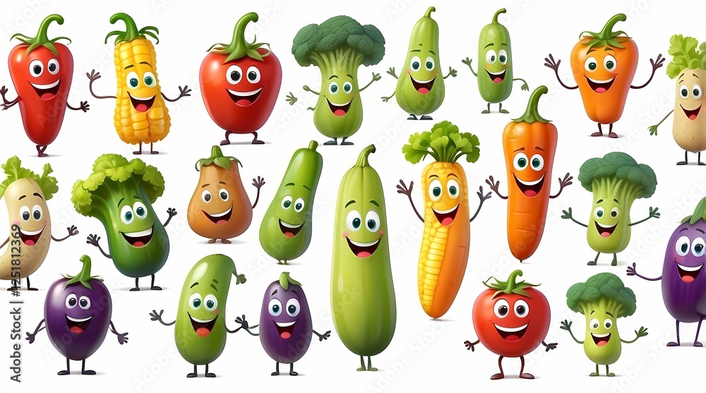 Obraz premium A row of cartoon vegetables with smiling faces
