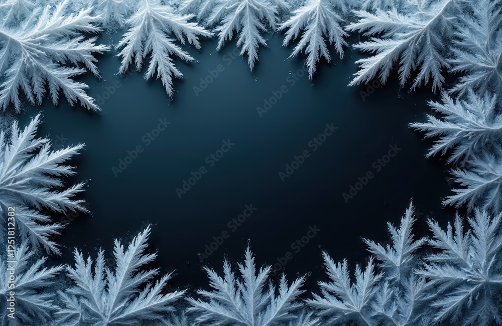Frosted ice pattern on dark background featuring abstract icy fractal structure. Decorative frame for winter holiday greetings, christmas celebration, new year design, wallpaper or festive layout. Frosted ice pattern on dark background featuring abstract icy fractal structure. Decorative frame for winter holiday greetings, christmas celebration, new year design, wallpaper or festive layout.