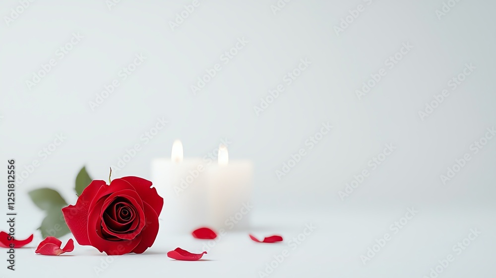 Fototapeta premium Elegant red rose with petals and soft candlelight on a white background, creating a romantic and serene atmosphere.